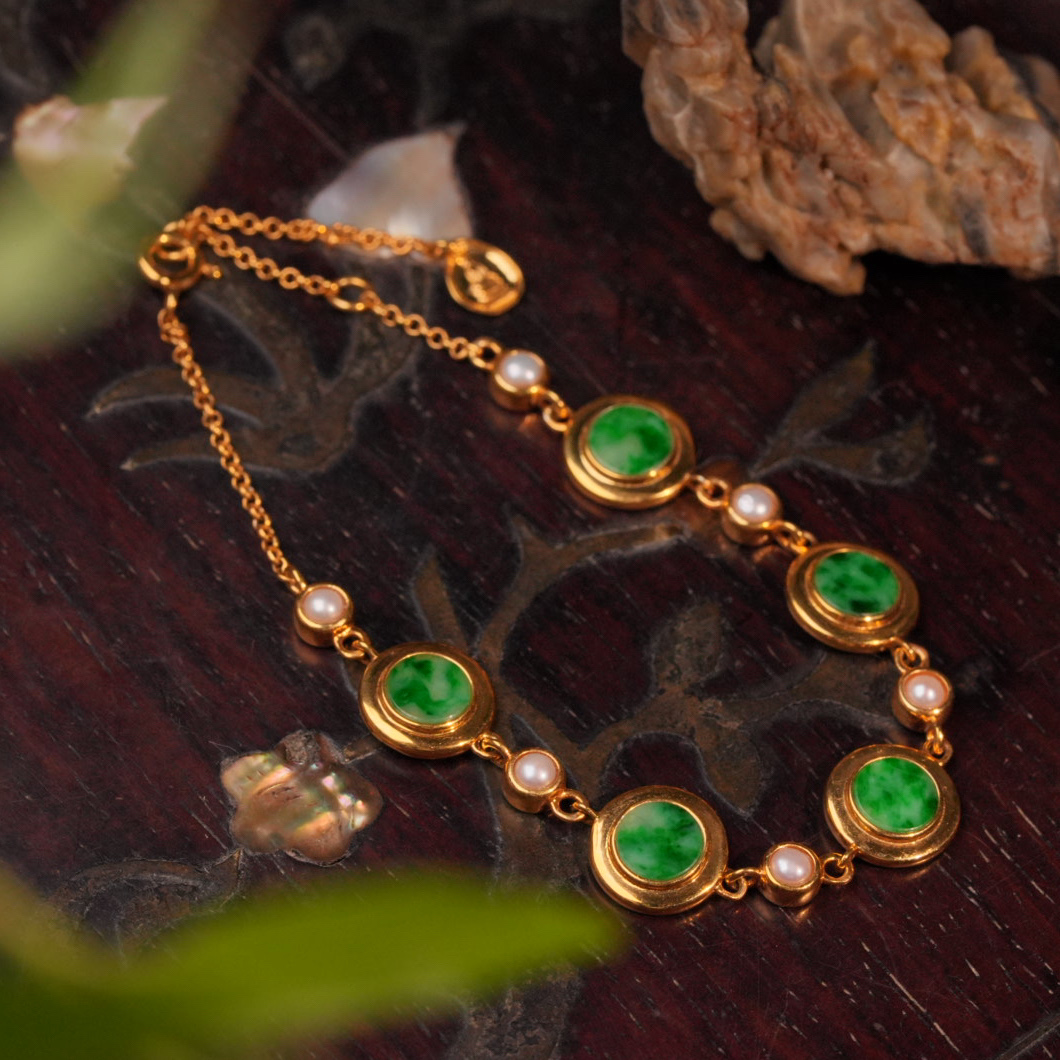 【莞环】925银錾刻花卉纹天然细糯飘绿翡翠多宝手链奢侈古典精致