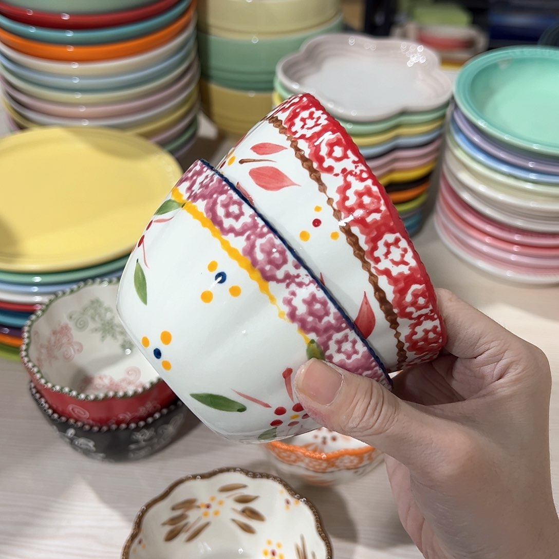 陶瓷 ++temp手绘米饭晚 红色 蓝色