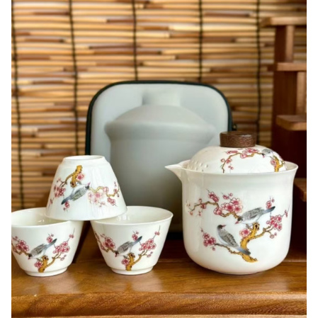 羊脂玉瓷喜上眉梢纯手工中式家用旅行便携茶具H085