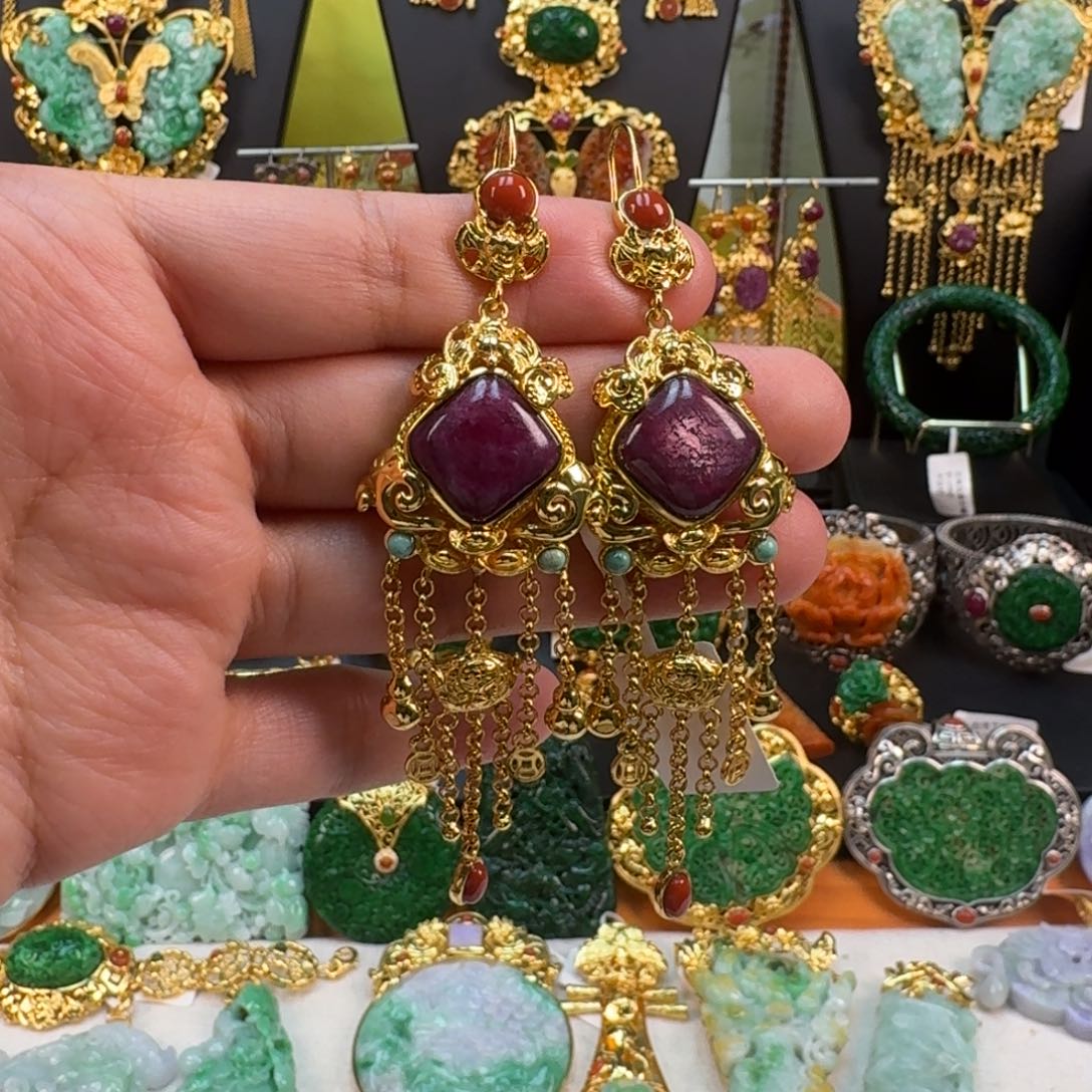 颈饰银S925镀金镶嵌红宝石红宝石耳坠