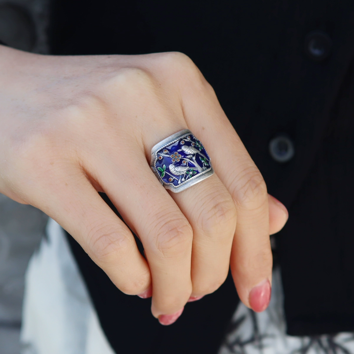 黄铜戒指 复古国风烧蓝梅花喜鹊宽版戒指女国潮民族风开口指环