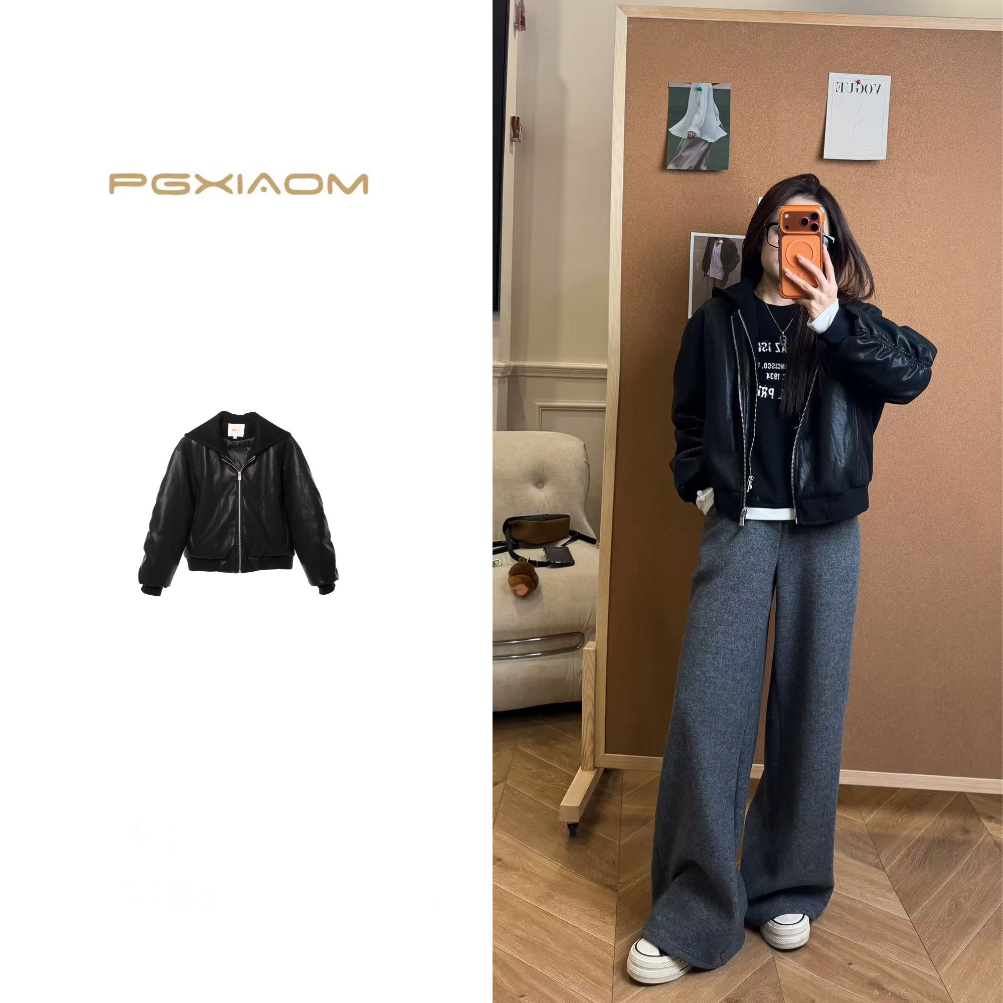 【PGXIAOM】润秀定制黑色短款连帽皮衣羽绒服外套YR4738           