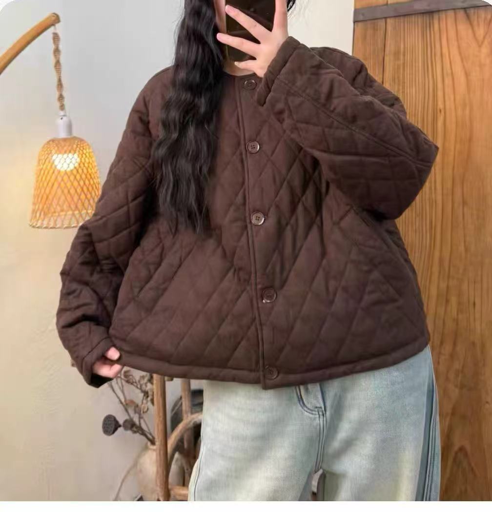 宽松休闲圆领保暖加厚棉服女新款棉衣冬季复古菱形格百搭外套