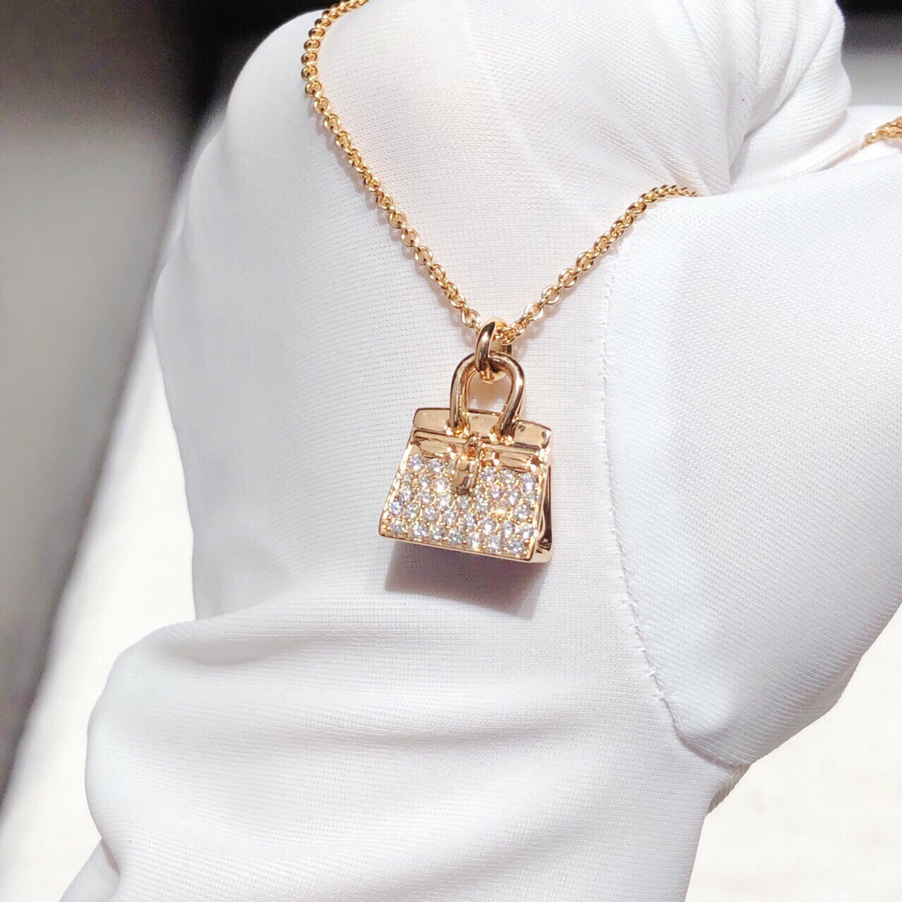 未使用 Hermes/爱马仕 18k玫瑰金满钻birkin包项链 