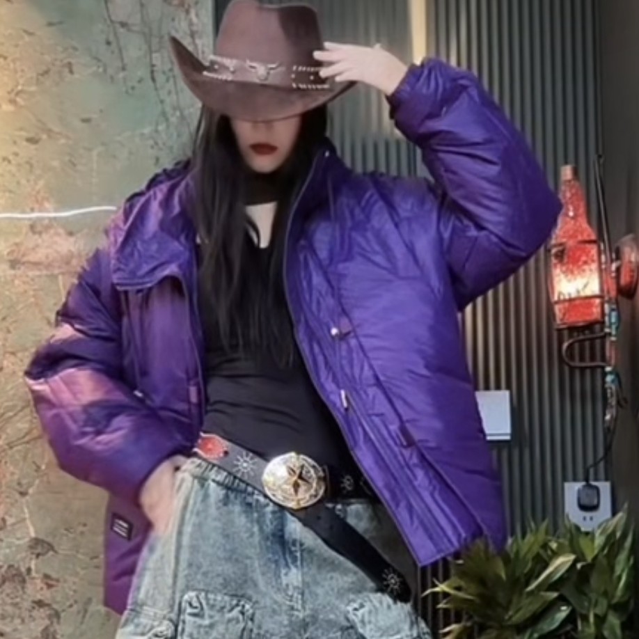 设计师款紫色白鸭绒棉袄冬季百搭保暖