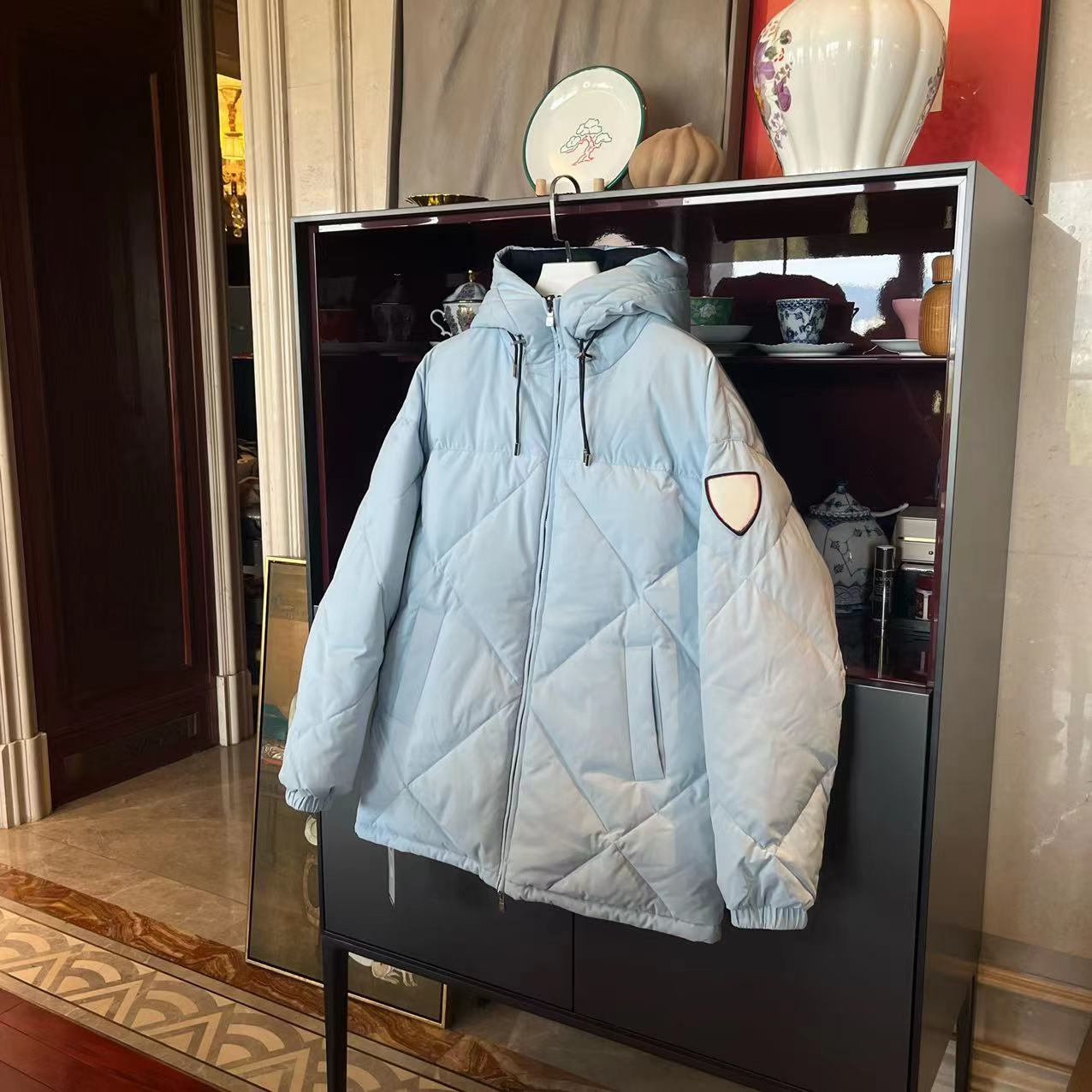 MYL 聚酯冰蓝色鹅绒羽绒服2023秋冬连帽长袖拉链休闲宽松外套