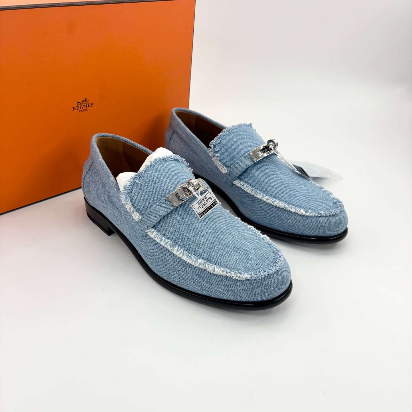 未使用 Hermes/爱马仕 38码/牛仔丹宁Kelly扣乐福鞋/TT250973