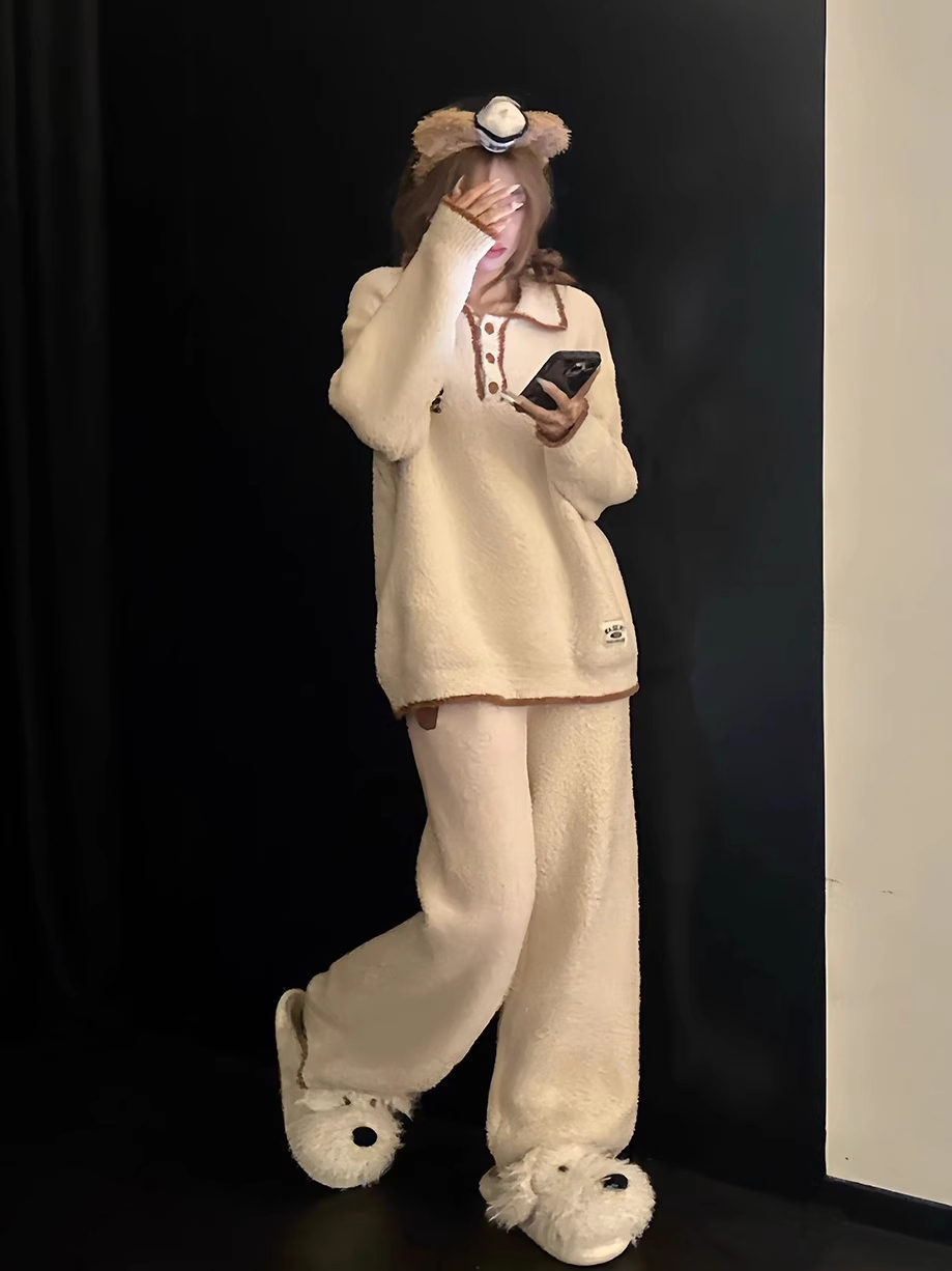 慵懒风可爱小熊软乎乎半边绒睡衣女秋冬季毛绒加厚保暖家居服套装