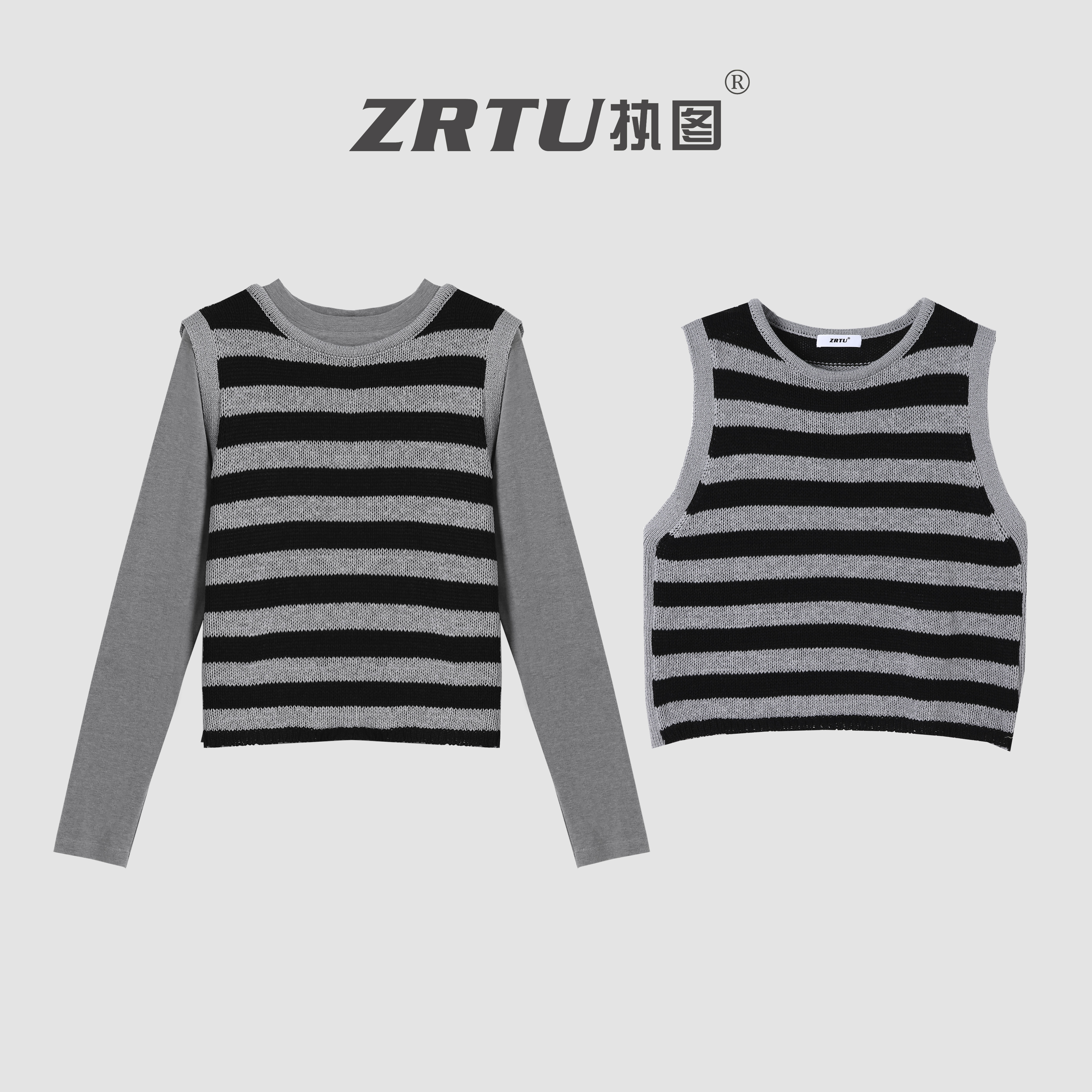 ZRTU执图2025秋季新款时尚休闲毛针织衫撞色条纹女长袖两件套