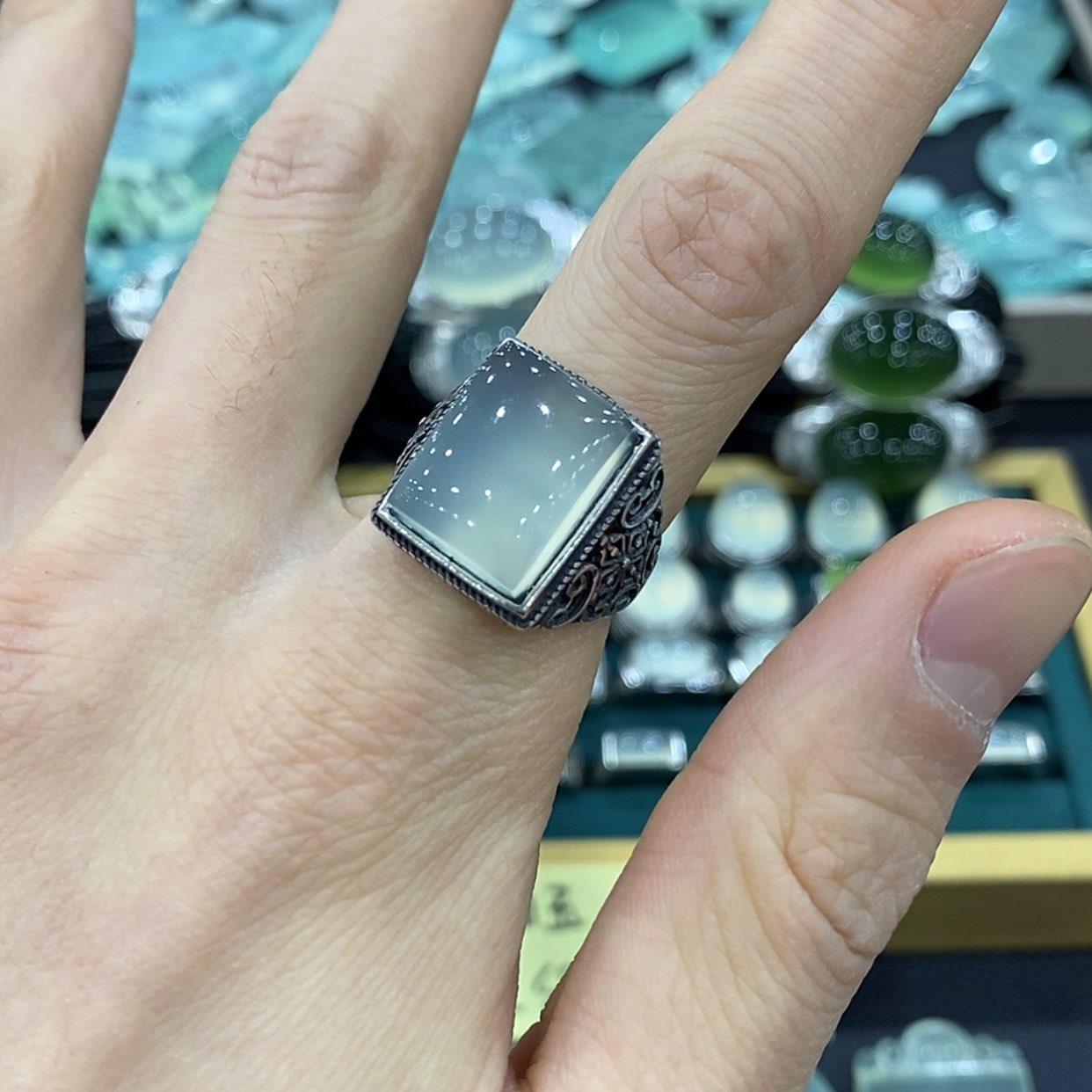 【闪购商品】蛇纹石玉戒指银S925镶嵌