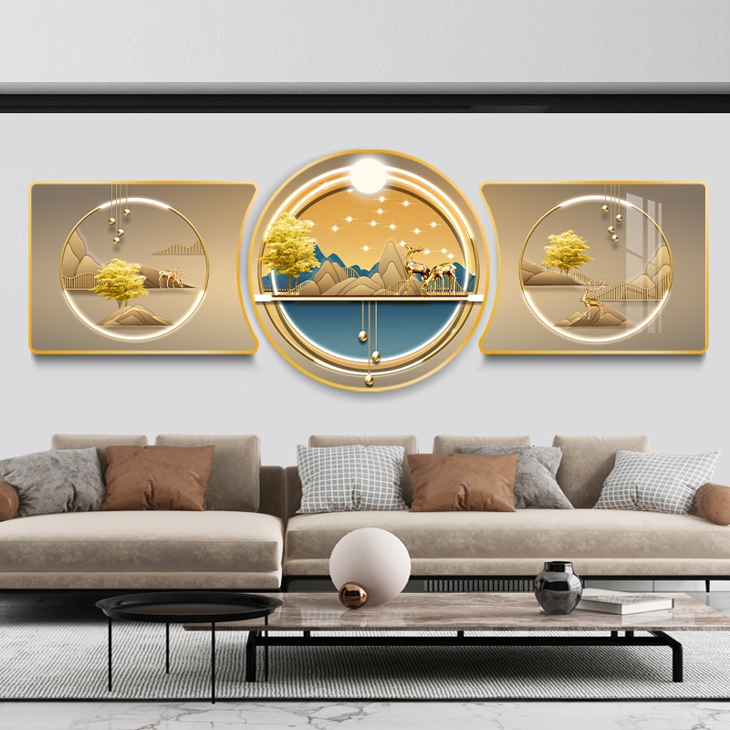 新款珠联璧合客厅装饰画现代简约沙发背景墙三联挂画新中式晶瓷画