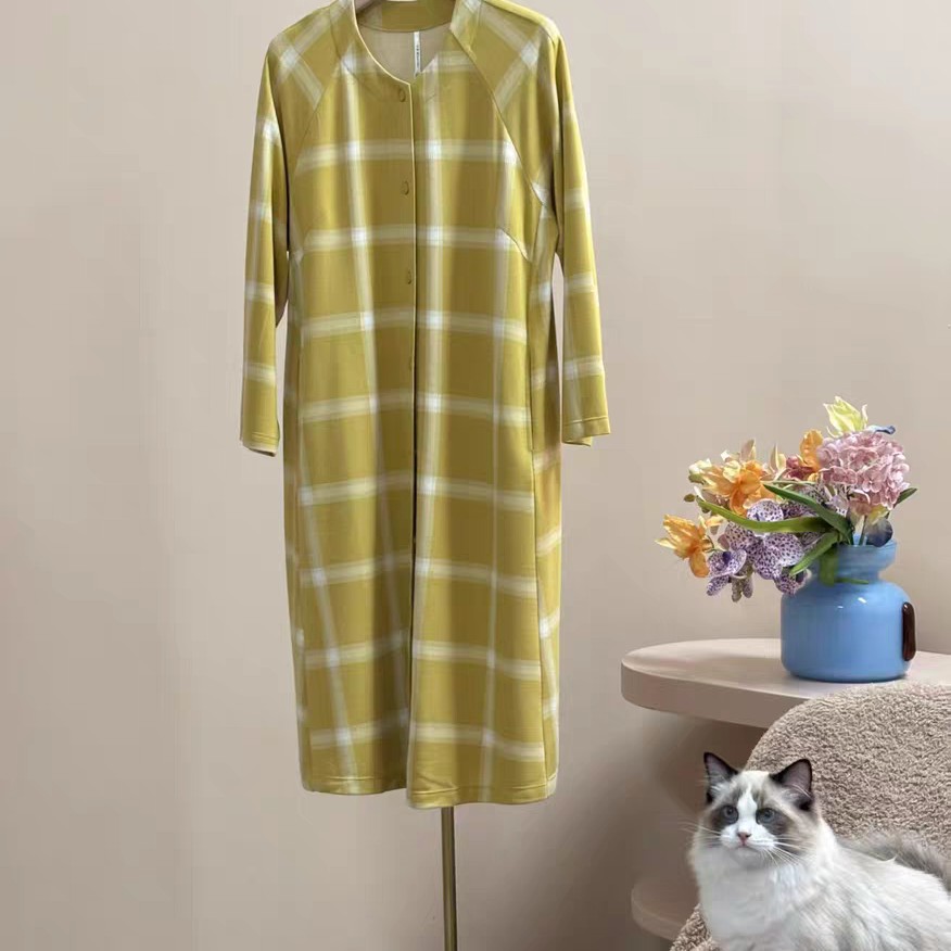 宽画98099秋冬新款奇趣格纹系列七分袖女士家居服优雅气质睡裙