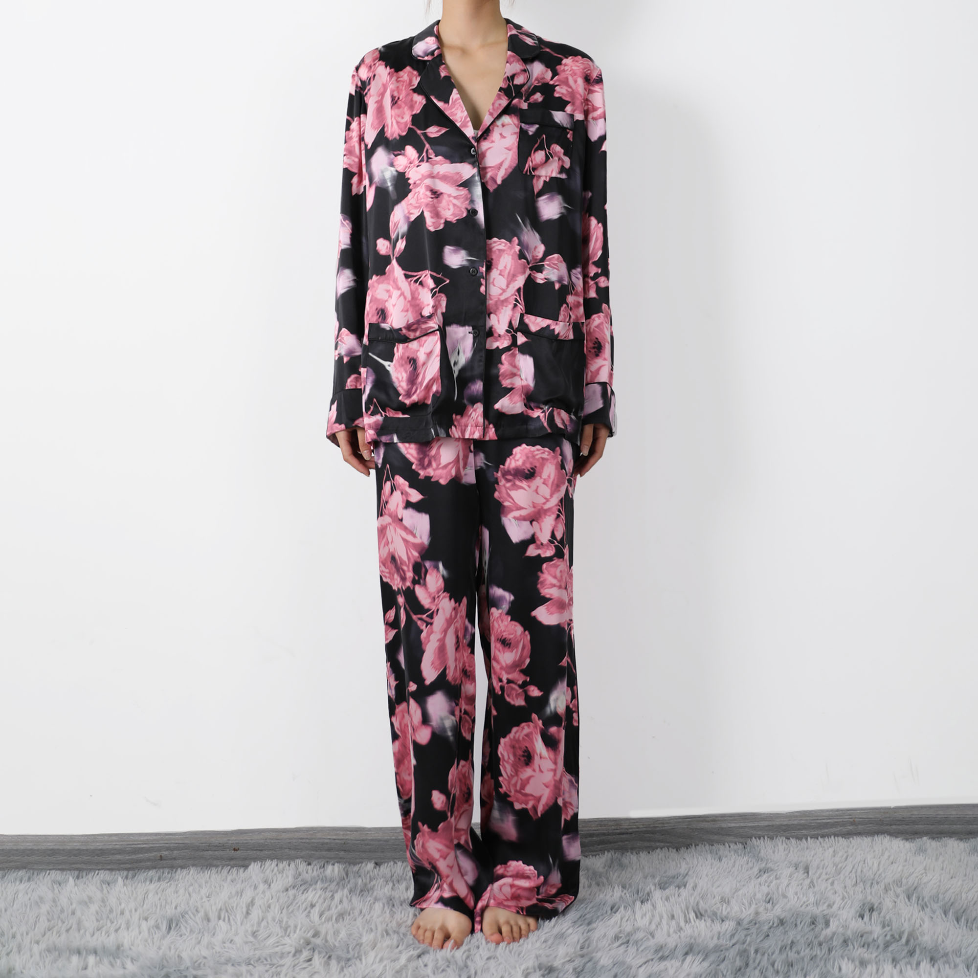 V密100桑蚕丝素绉缎长袖女士睡衣套装春夏SYTZ02