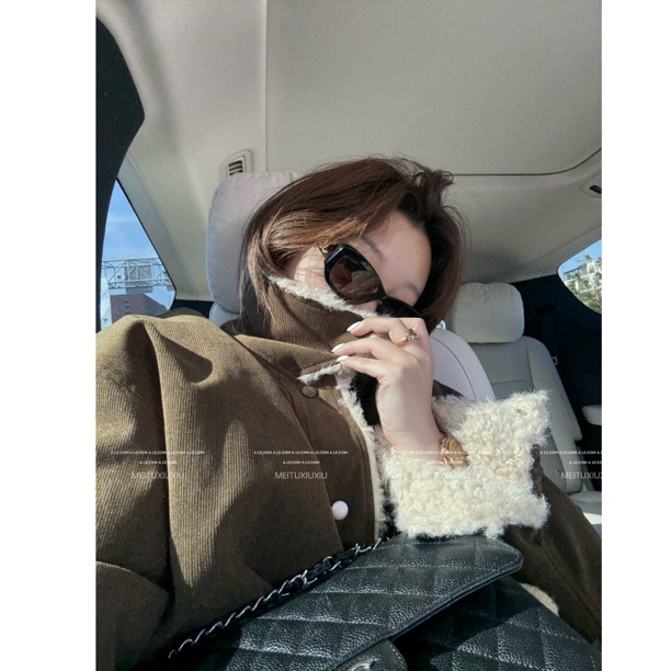 【阿乐家】大码微胖“迷雾森林"复古羊羔毛拼接灯芯绒加厚外套