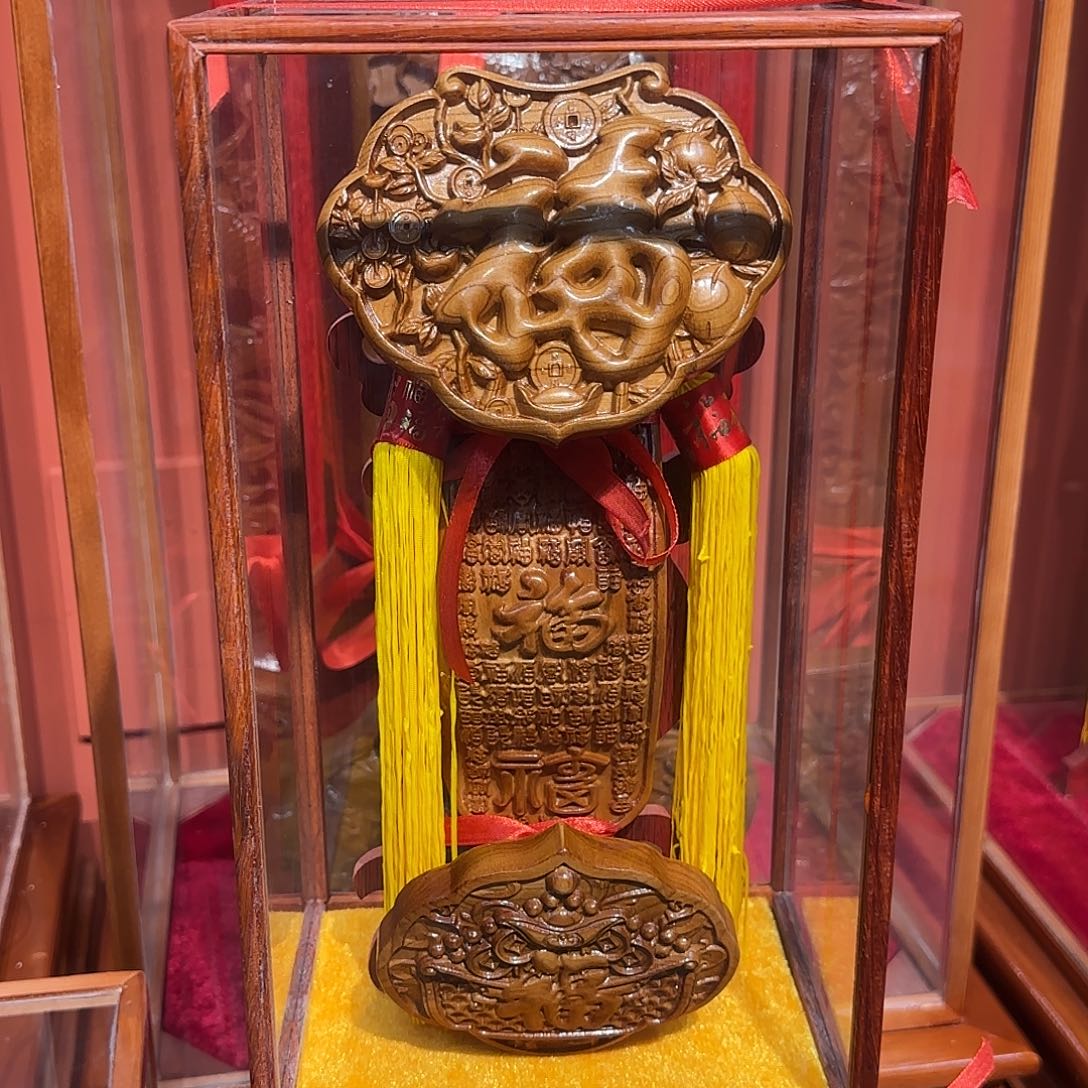 桃木简**.总高40百福如意桃木雕刻