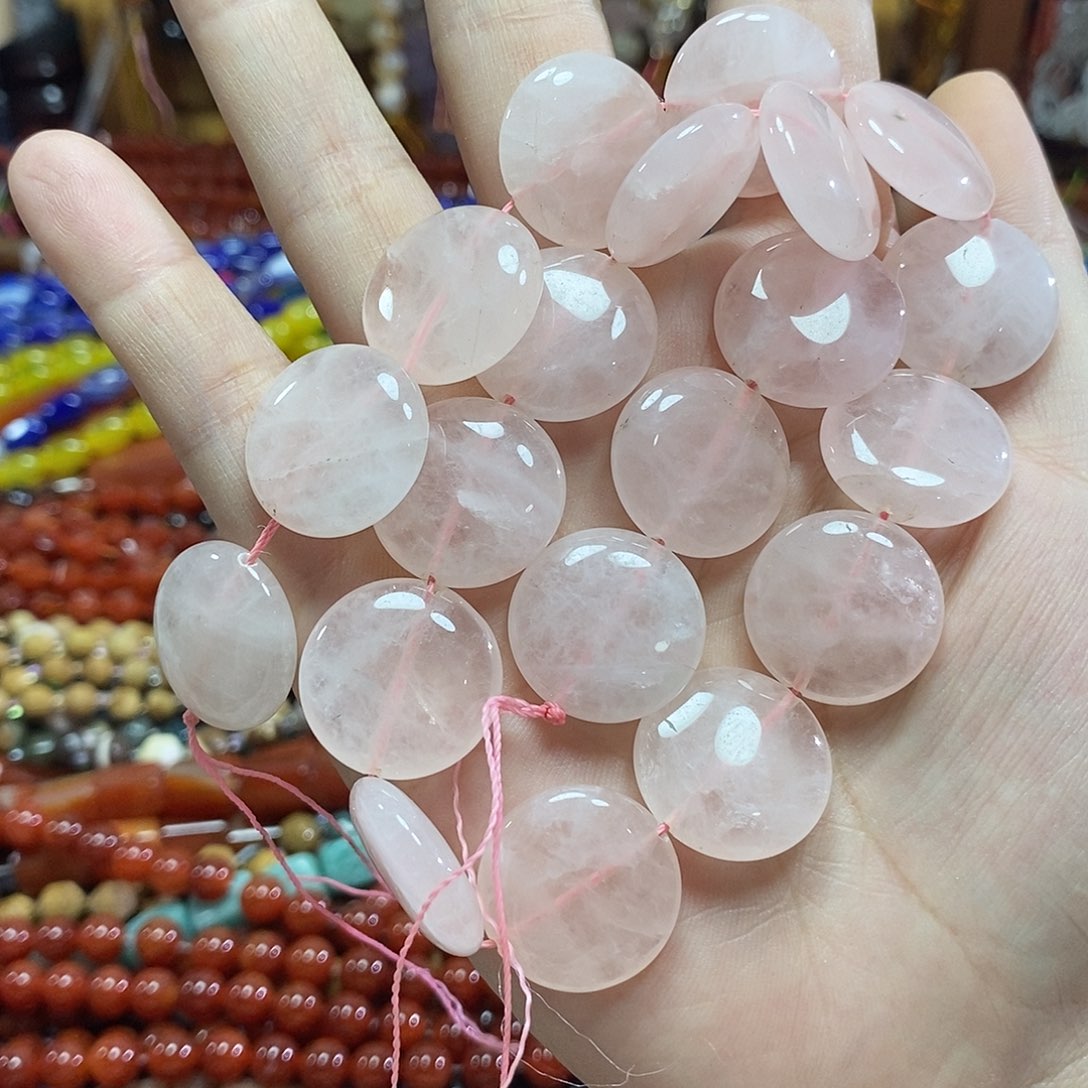 玛瑙/玉髓未镶嵌珠宝半成品天然粉水晶圆饼一条卡20mm