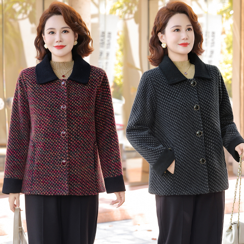 2025秋冬新款外套中老年长袖翻领女装格子褂子时尚洋气妈妈装夹克