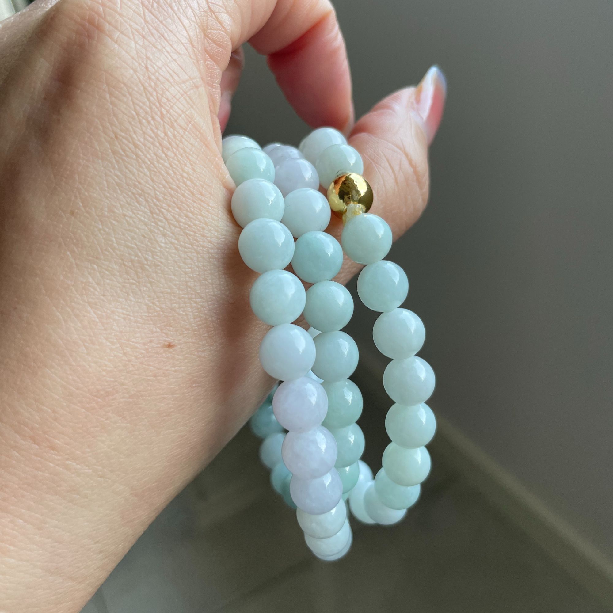 翡翠珠串～8.5mm细糯化渐变晴底飘花翡翠A货圆珠串项链多圈手链