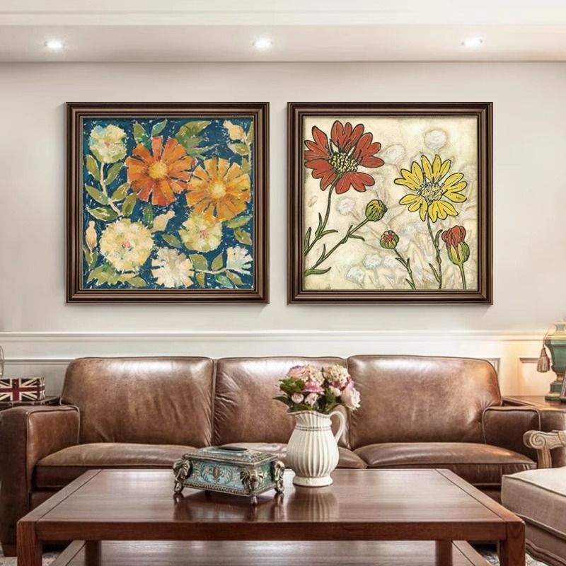 美式餐厅挂画复古装饰画卧室壁画入户玄关客厅墙画菊花483