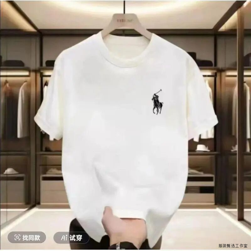 【一折粉丝福利】男士夏季纯棉纯色宽松落肩小马标刺绣圆领半袖潮