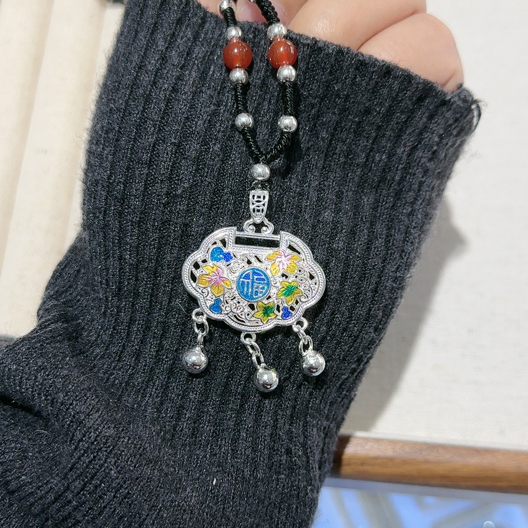 吊坠足银 足银平安锁吊坠长命锁亲子闺蜜烧蓝编织时尚民族风坠链