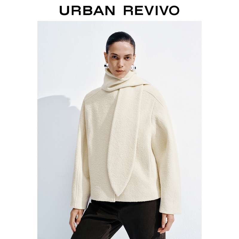 UR2025冬季新款女装高智感简约气质飘带领外套UWU150020