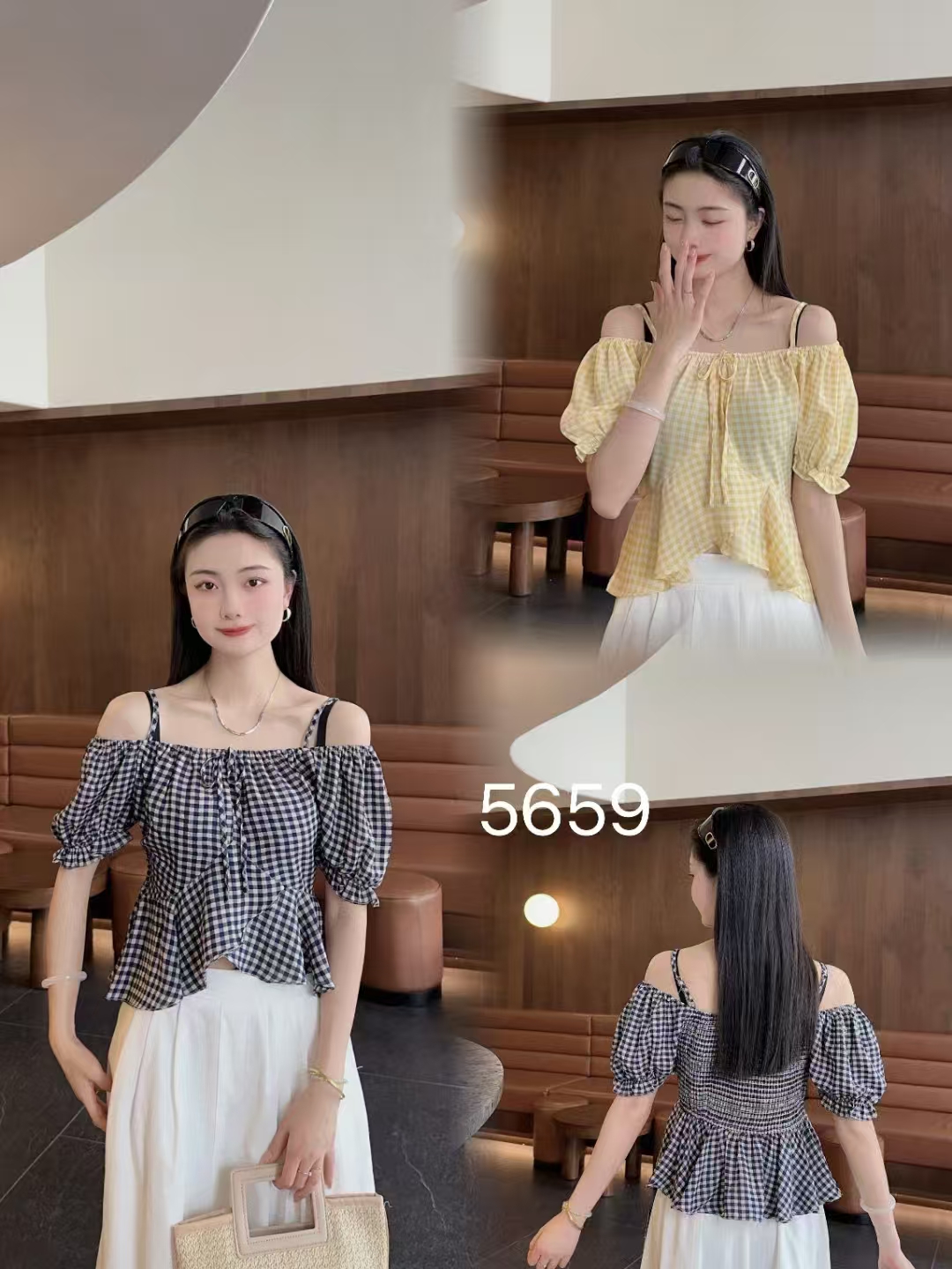5659【衣长48】格子夏季女一字领泡泡袖显瘦露肩上衣高腰收腰ins风