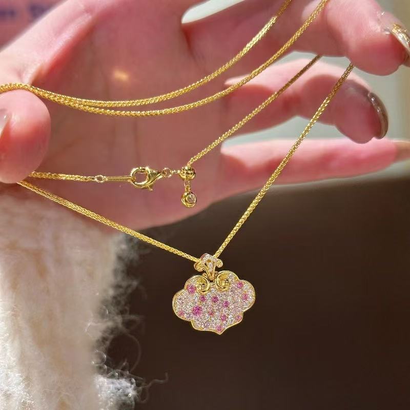 铜合金项链 SQ思岐新中式-满天星蜜桃平安锁项链5616