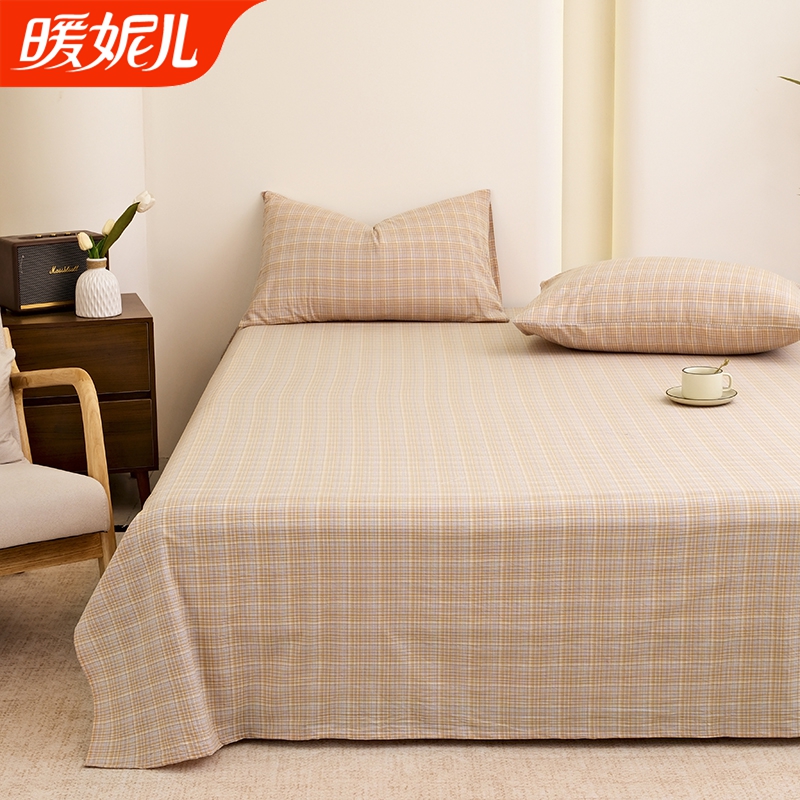 条纹格子款风格色织水洗棉面料轻薄透气单人双人纯棉床单