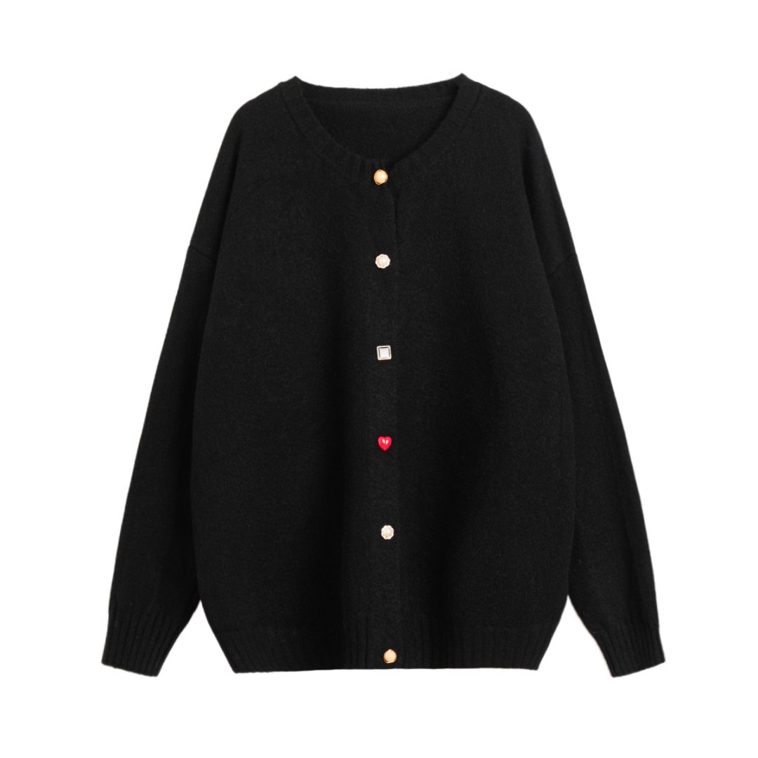JUANJUAN自制黑色爱心扣方扣圆扣开衫百搭针织开衫A135