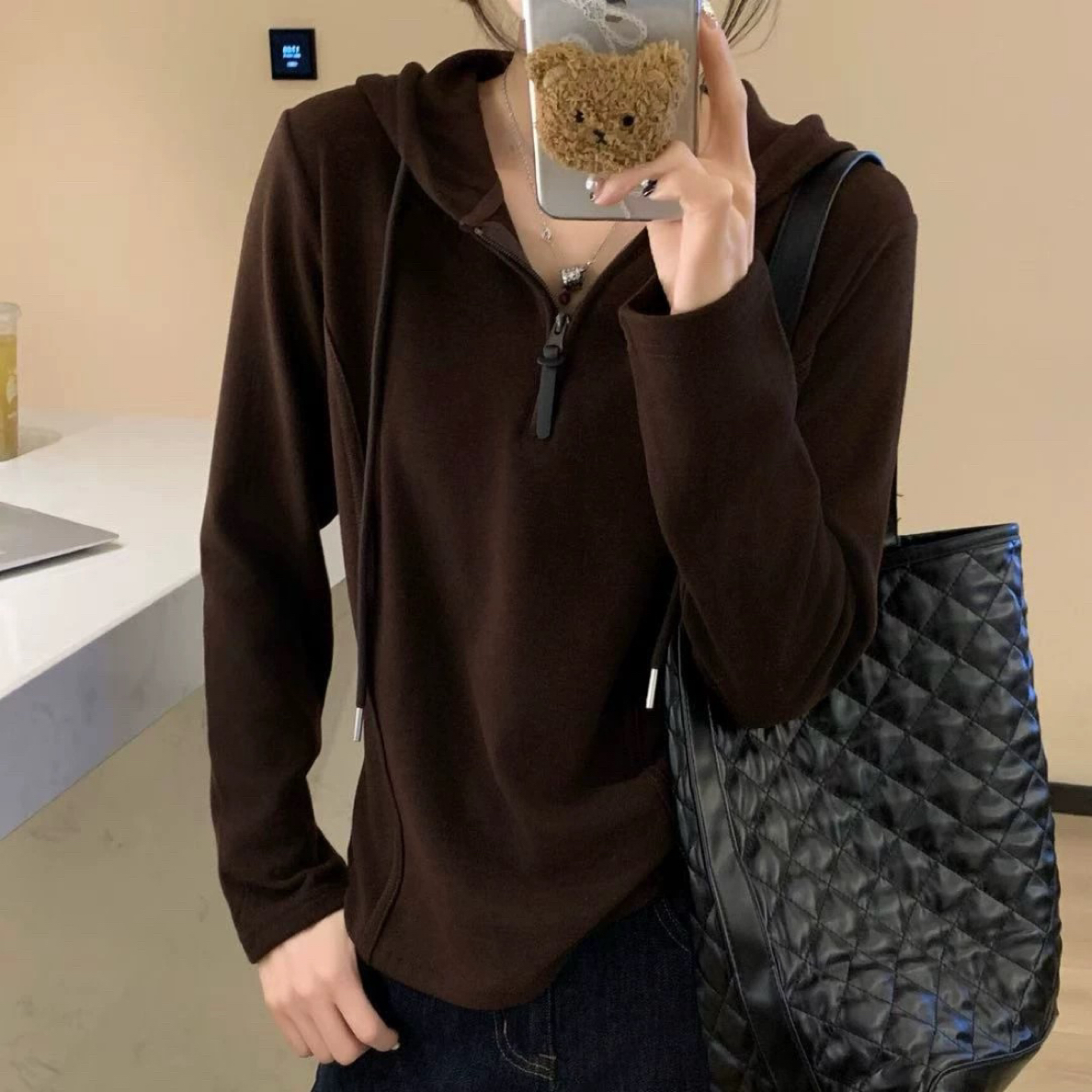 欧货～德绒，连帽，纯色前拉链，长袖连帽 T恤，均码，百搭，显瘦