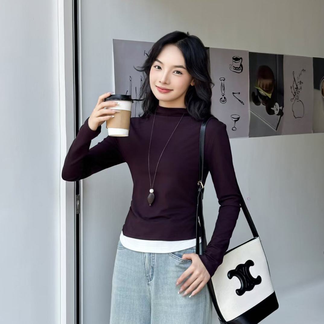 6167假两件打底针织衫高领毛衣内搭修身显瘦拼接撞色高级感上衣