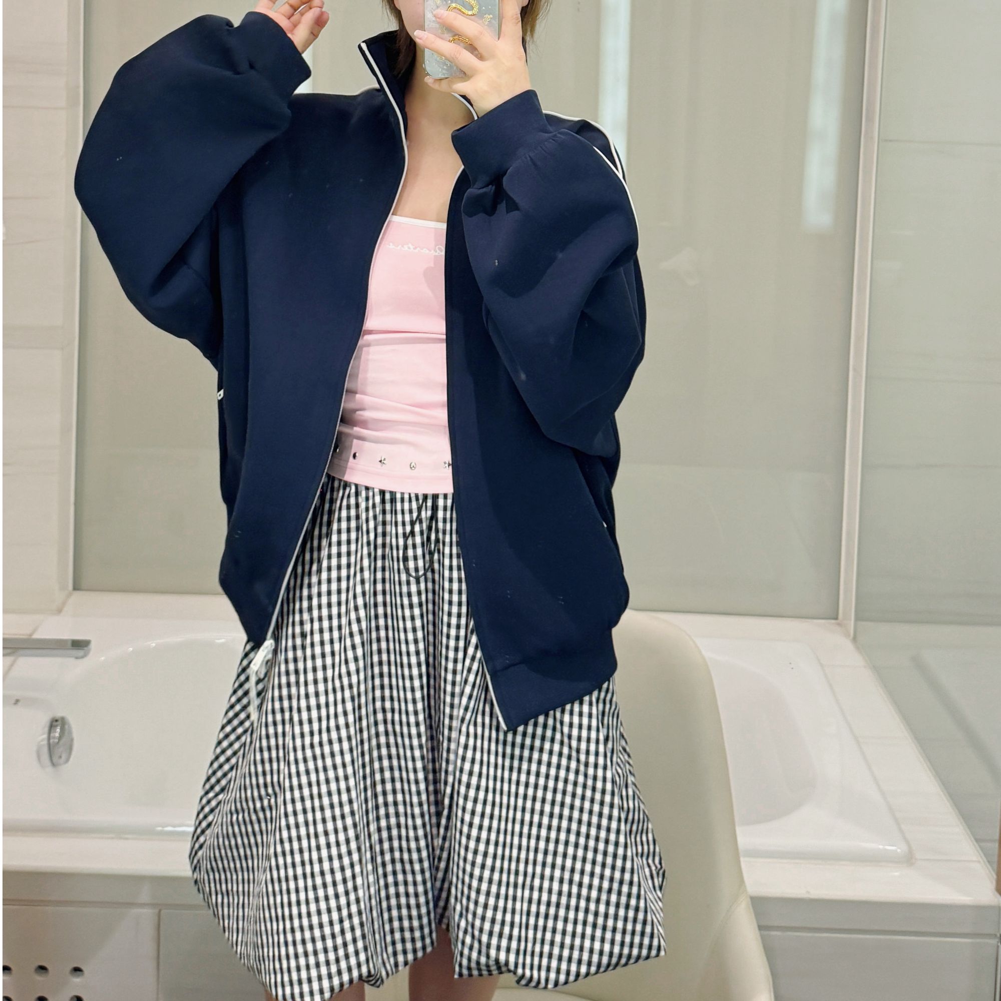 zhaoxiaopao/赵小泡韩系黑白格子半身裙松紧腰大裙摆泡泡裙