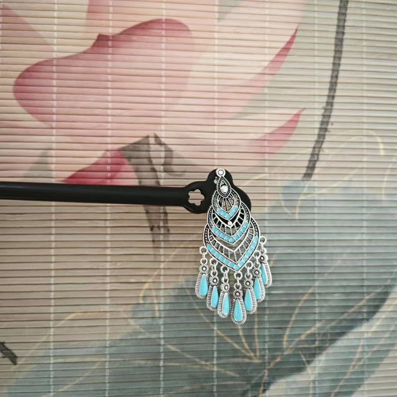 J369浅蓝色吊坠发簪百搭复古发簪