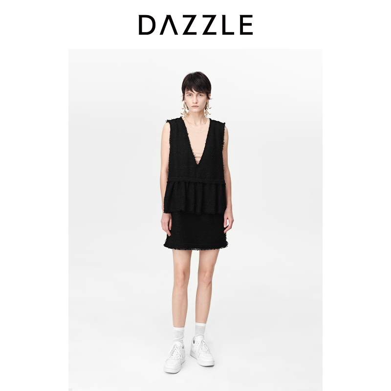 【陈大可】大地DAZZLE地素23夏黑色气质粗花呢深V无袖连衣裙短裙2H2