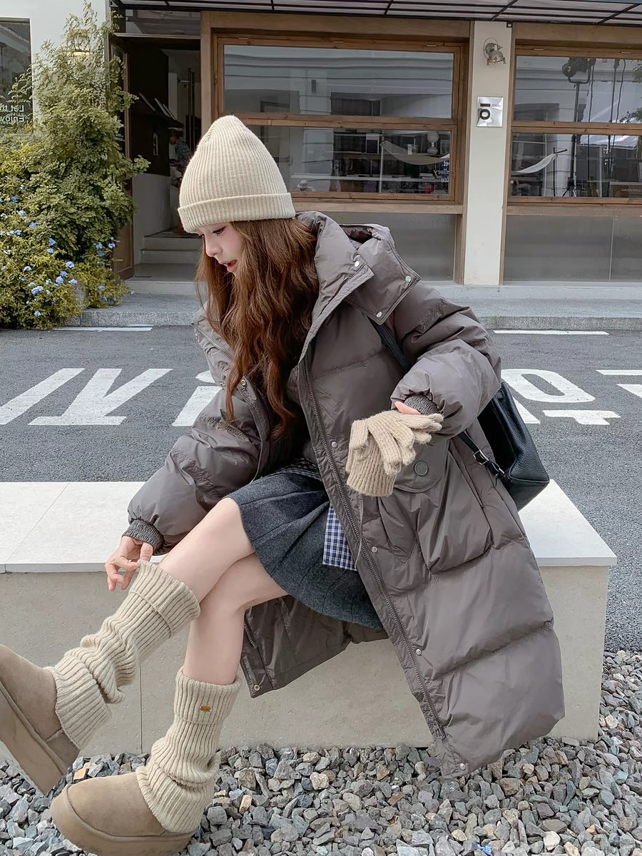 手套款收腰大长款2025冬季韩版宽松保暖连帽立领白鸭绒长羽绒服