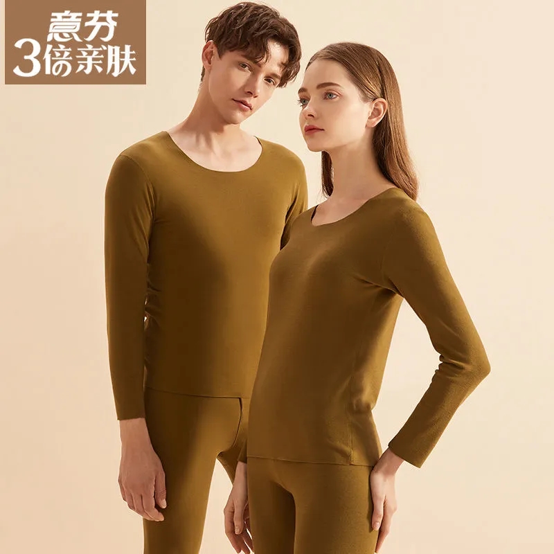 意芬双面德绒保暖内衣套装男女加厚加绒无痕磨毛AB面圆领秋冬季