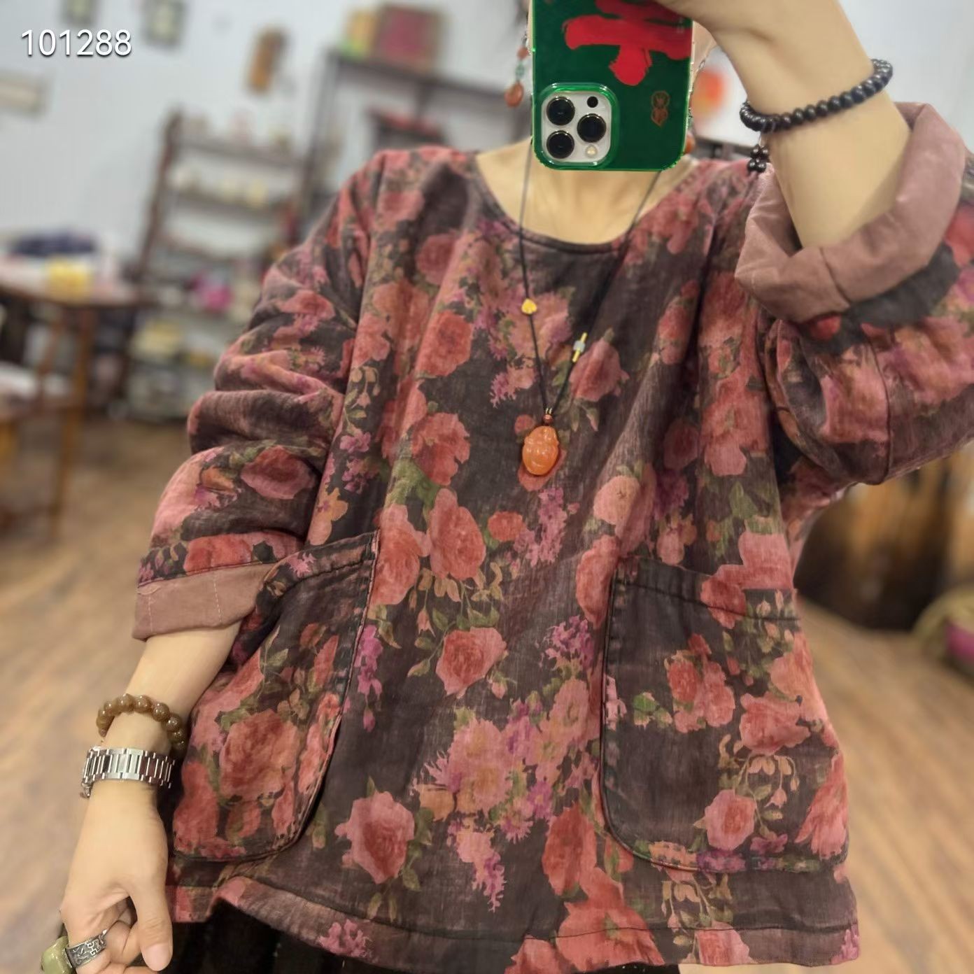 麻苏苏原创   文艺复古个性纯亚麻植物染色口袋工艺小棉服