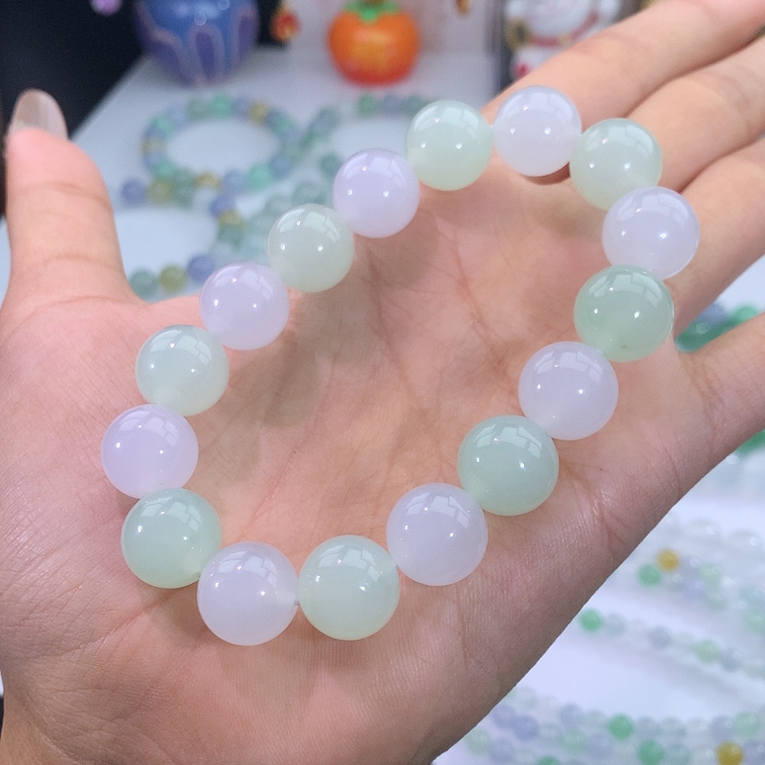 翡翠未镶嵌手链9号 双彩马卡龙手串