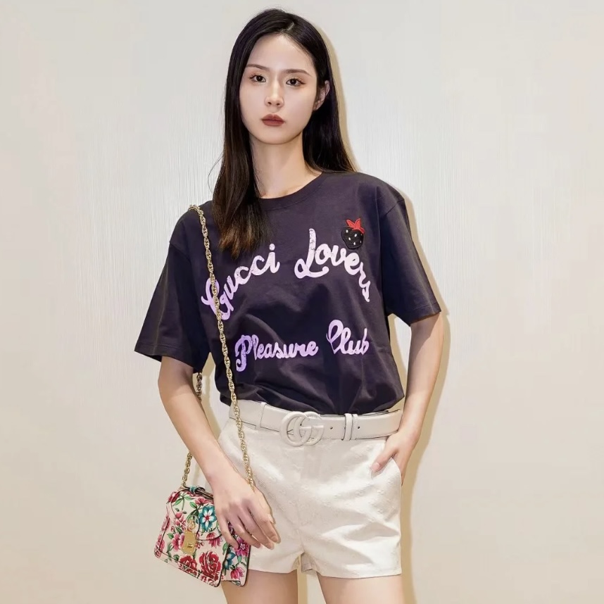 全新未使用 GUCCI/古驰 男女同款草莓粉色字母印花短袖T恤