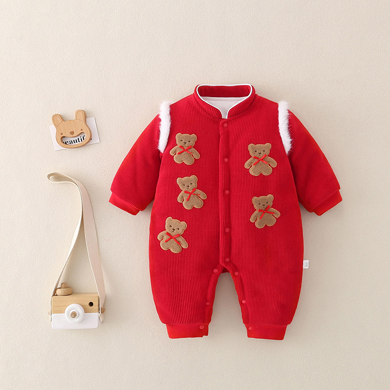 6红色小熊冬款加厚夹棉闭档连体衣哈衣婴儿宝宝满月童装衣服