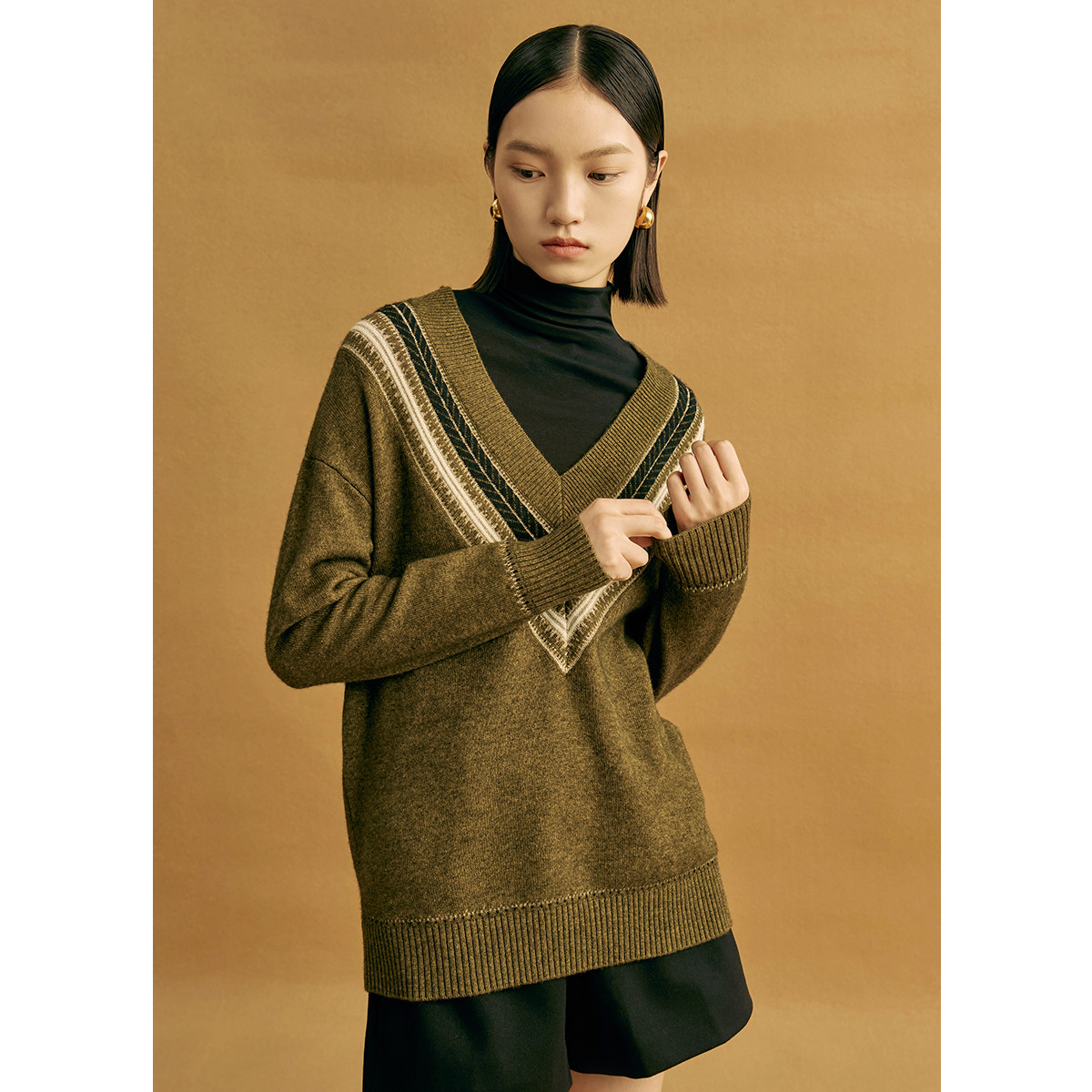 【力力淘】明线V领撞色针织衫女秋外穿学院风宽松韩版上衣特卖