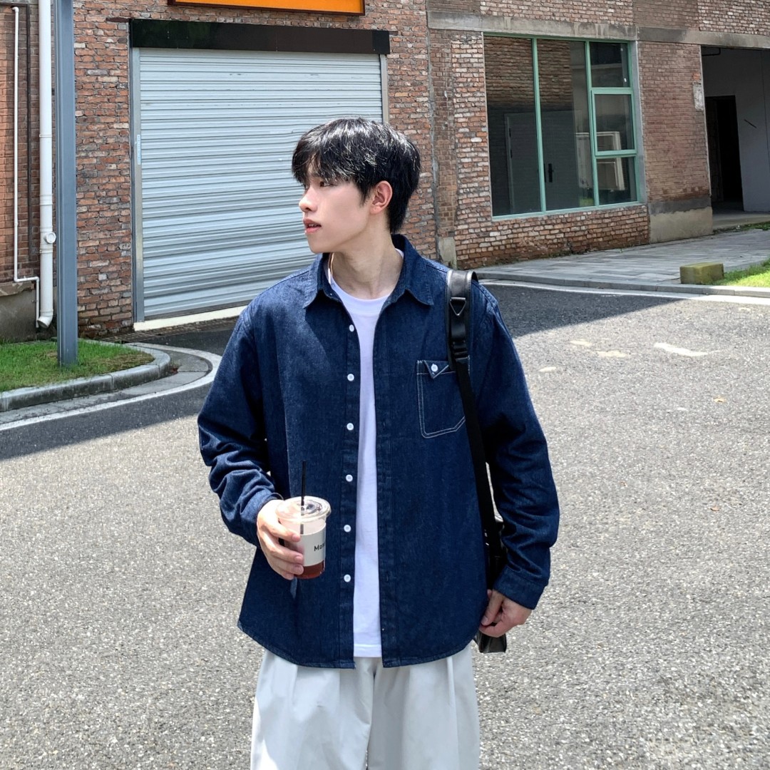 SUNSET 蓝色口袋牛仔长袖衬衫男秋季新款百搭宽松休闲衬衣【C122】