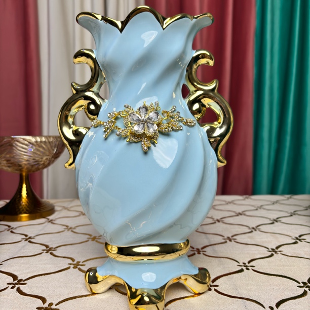 手工制作陶瓷花瓶单件天蓝色