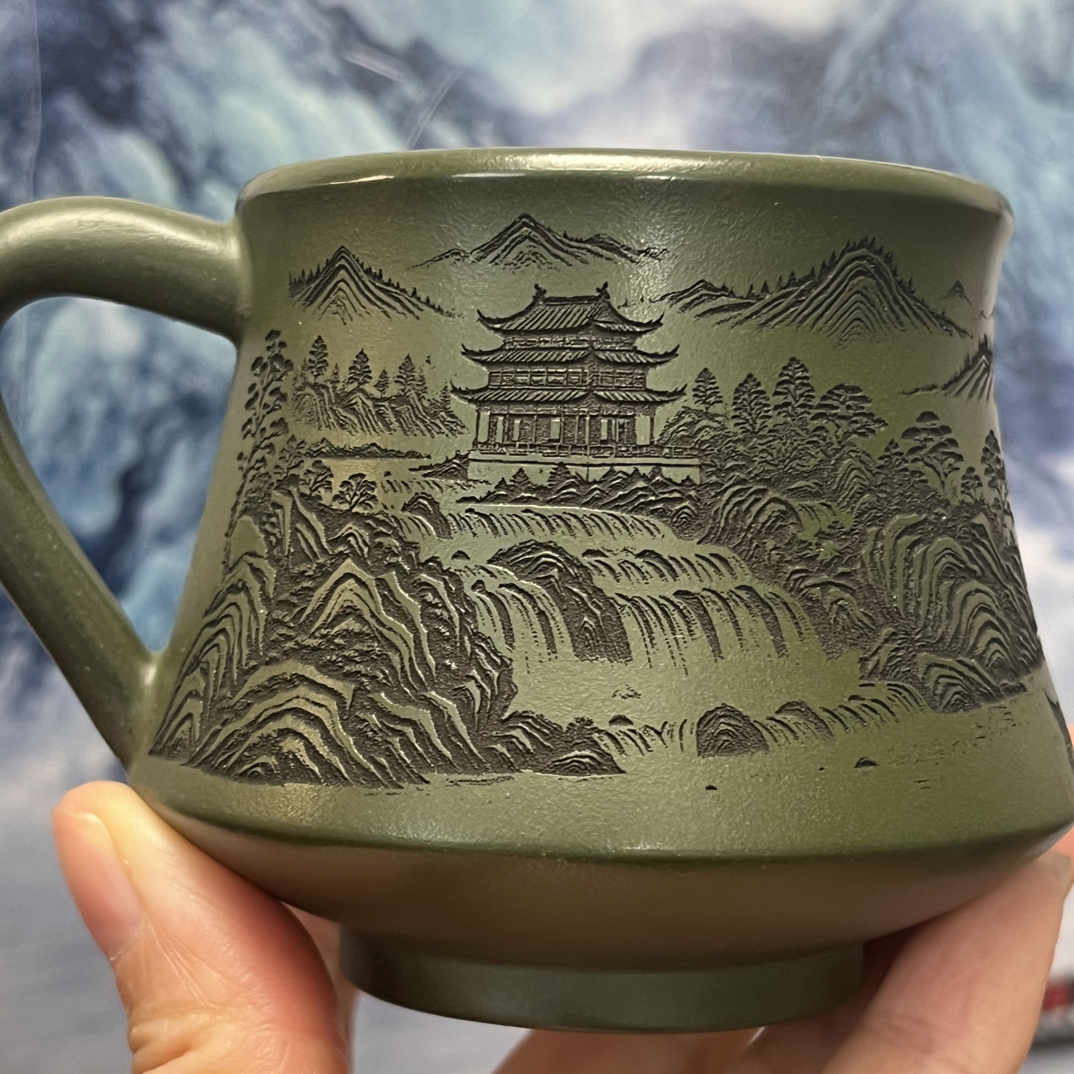 原矿紫砂绿泥全手工雕刻主人手把杯茶杯纯手工主人杯紫砂杯茶具