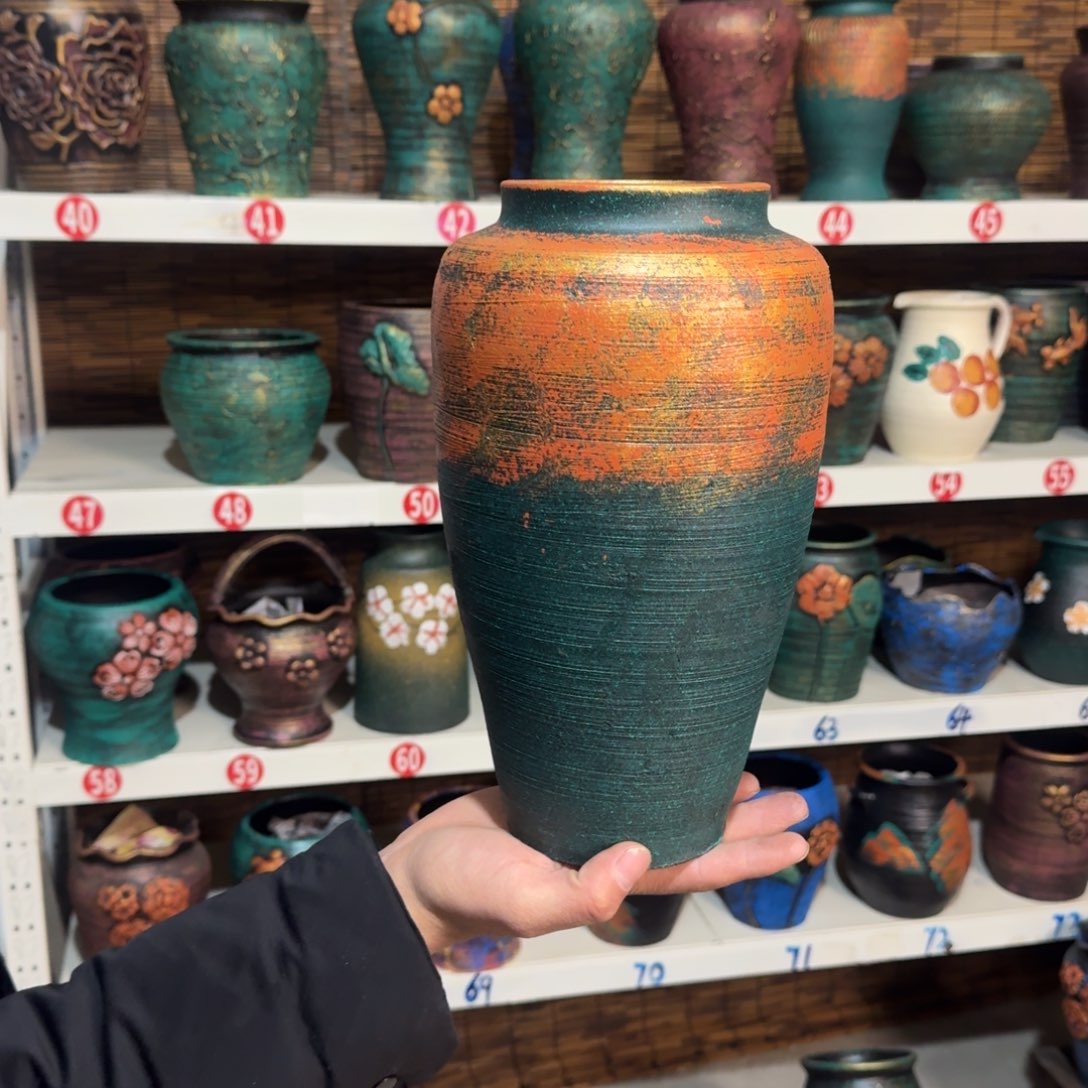 红陶红陶浮雕花盆炸炸炸