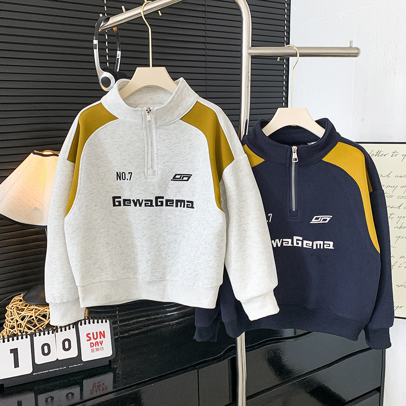 儿童半拉链卫衣中大童秋季新款帅气立领上衣男孩宽松版拼接上衣潮