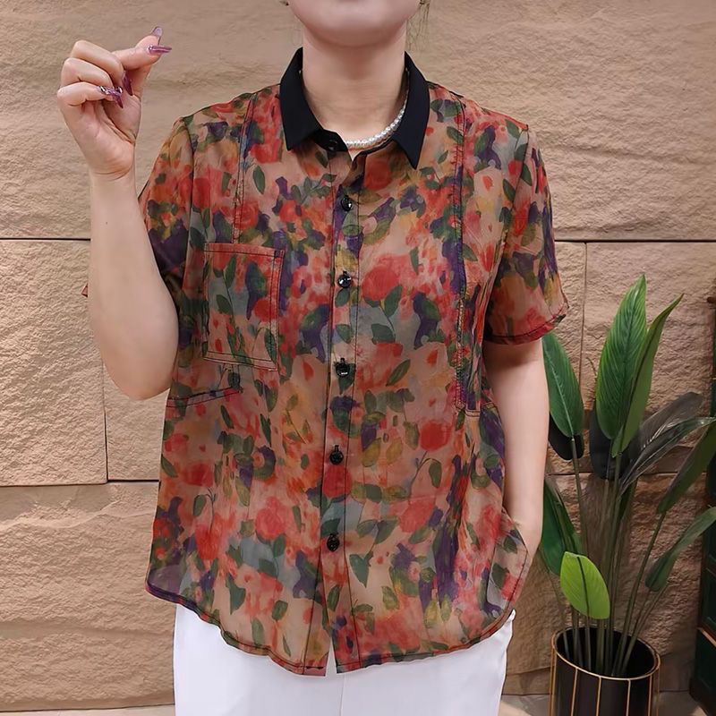 《扣号款》夏季新款中老年碎花翻领薄款清凉妈妈装开衫时尚百搭上衣