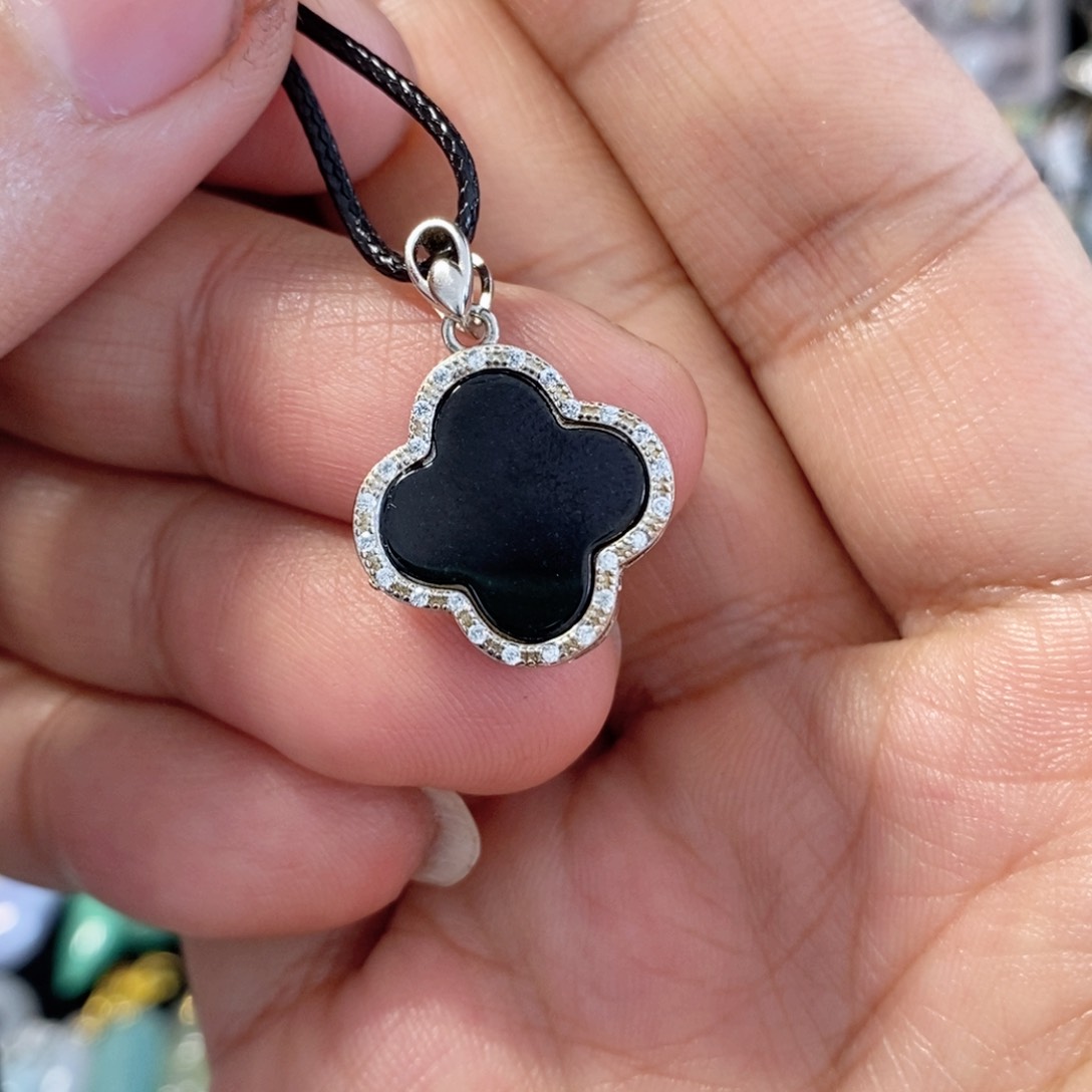 翡翠吊坠(不含链)银S925镶嵌缅甸翡翠A货吊坠墨翠四叶草