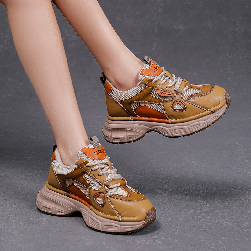 【行万里】2025春季新款真皮网纱拼色百搭厚底时尚阿甘鞋25013